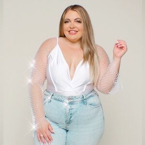 Plus size white mesh rhinestone sleeve bodysuit